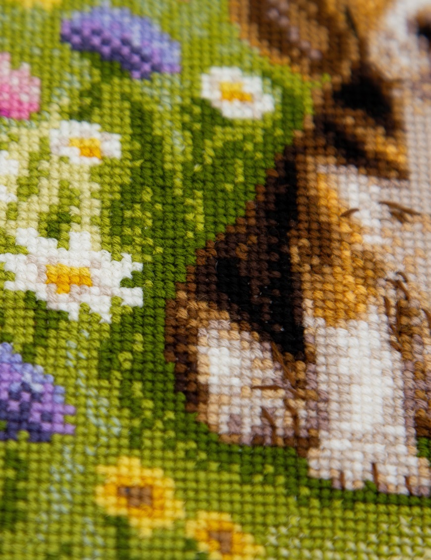 Meadow Pup - Cross Stitch Kit, different perspective #2, zoomed in. Select this picture to zoom back out.