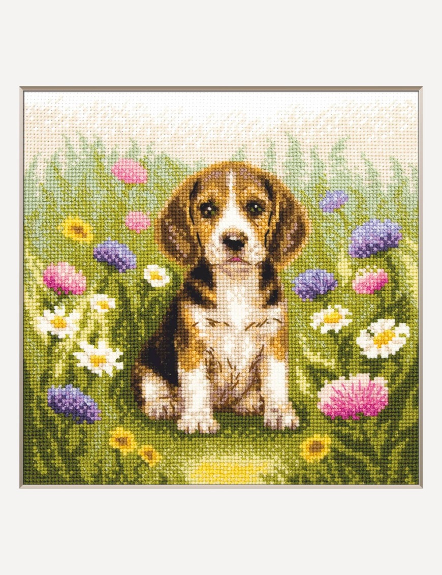 Meadow Pup - Cross Stitch Kit, zoomed in. Select this picture to zoom back out.