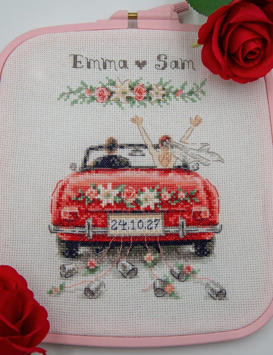 Just Married - Cross Stitch Kit, different perspective #1, zoomed in. Select this picture to zoom back out.