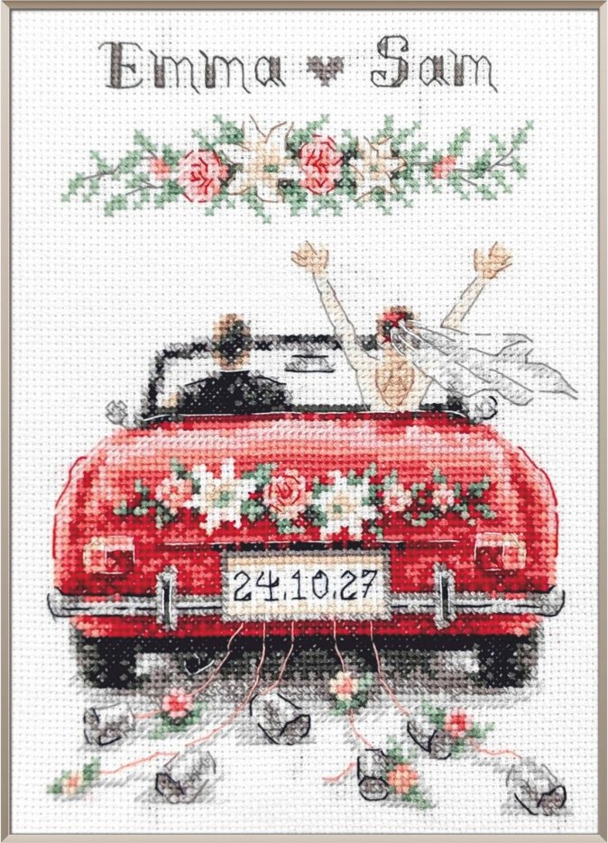 Just Married - Cross Stitch Kit, zoomed in. Select this picture to zoom back out.