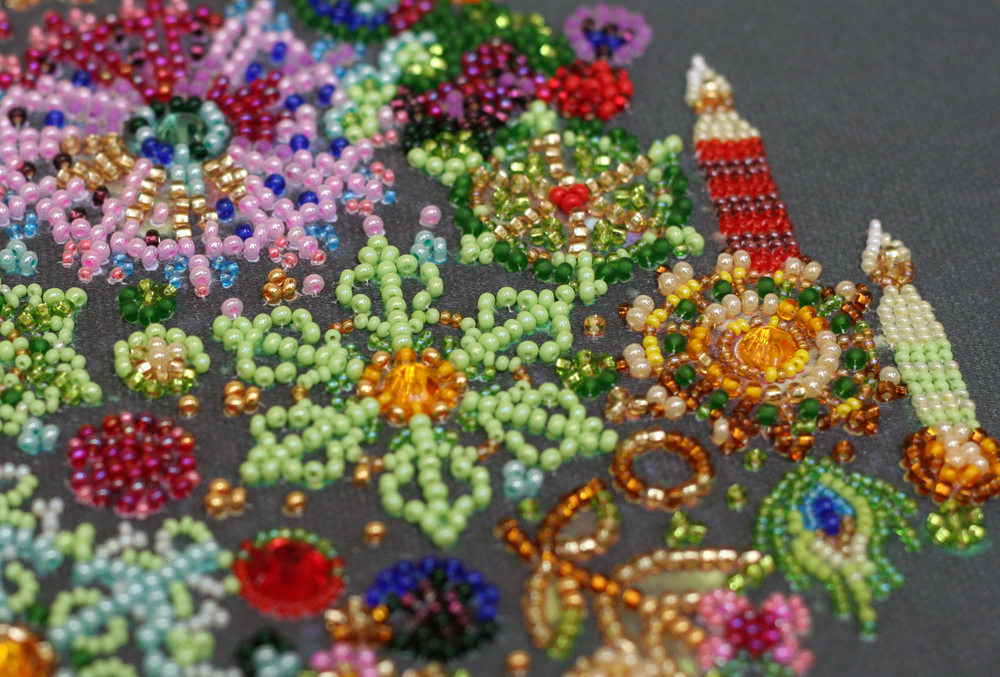 Golden Lights - Christmas Bead Embroidery Kit, different perspective #1, zoomed in. Select this picture to zoom back out.
