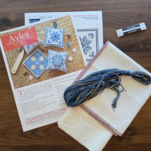 Aegean Ornaments Blue - Cross Stitch Kit, different perspective #2, zoomed in. Select this picture to zoom back out.