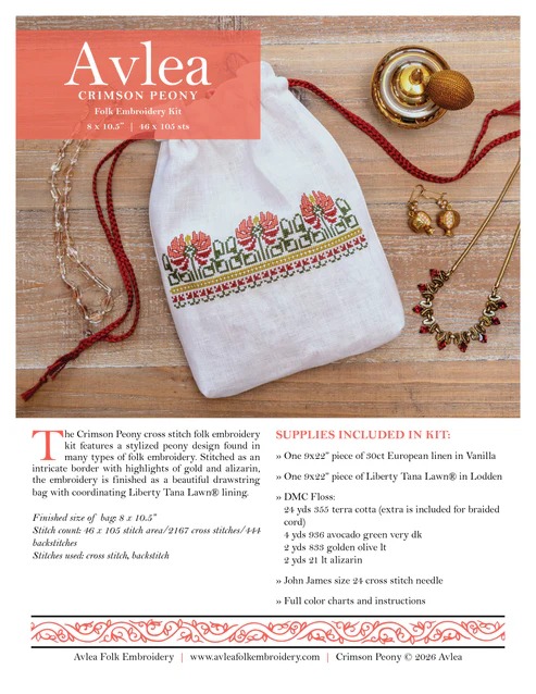 Crimson Peony Bag - Cross Stitch Kit, different perspective #2, zoomed in. Select this picture to zoom back out.