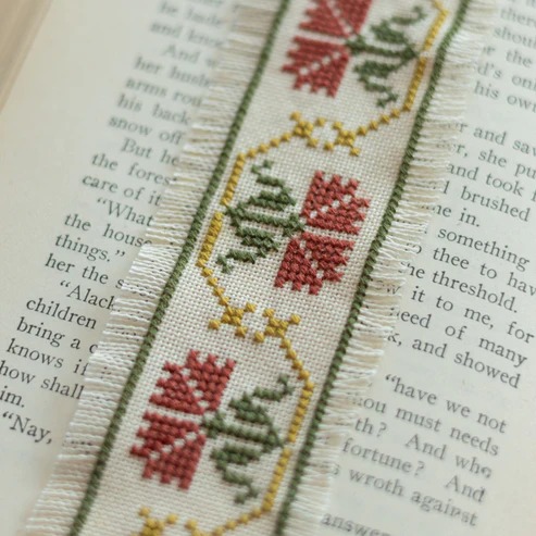 Folk Fabric Sampler Ivory - Cross Stitch Kit, different perspective #2, zoomed in. Select this picture to zoom back out.