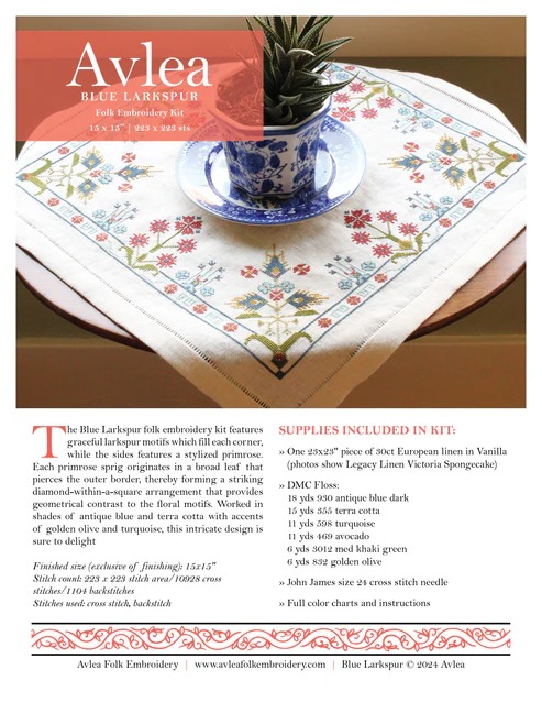 Blue Larkspur - Cross Stitch Kit, different perspective #2, zoomed in. Select this picture to zoom back out.