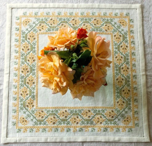 Myriam's Garden - Cross Stitch Kit, different perspective #1, zoomed in. Select this picture to zoom back out.