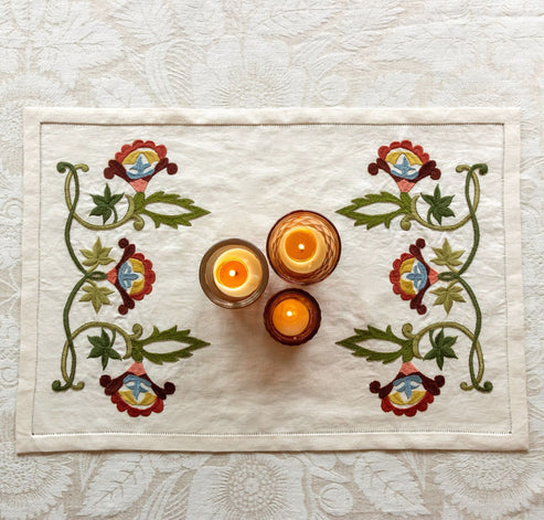Kithira Begonia Table Runner - Embroidery Kit, different perspective #1, zoomed in. Select this picture to zoom back out.
