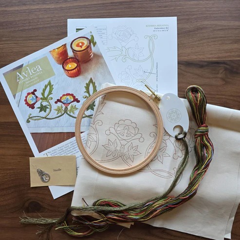 Kithira Begonia Table Runner - Embroidery Kit, different perspective #2, zoomed in. Select this picture to zoom back out.