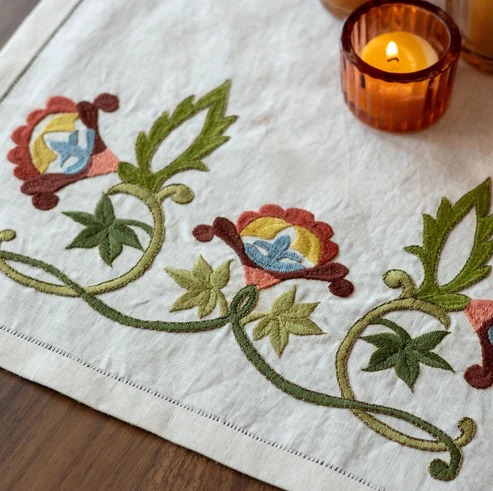 Kithira Begonia Table Runner - Embroidery Kit, zoomed in. Select this picture to zoom back out.