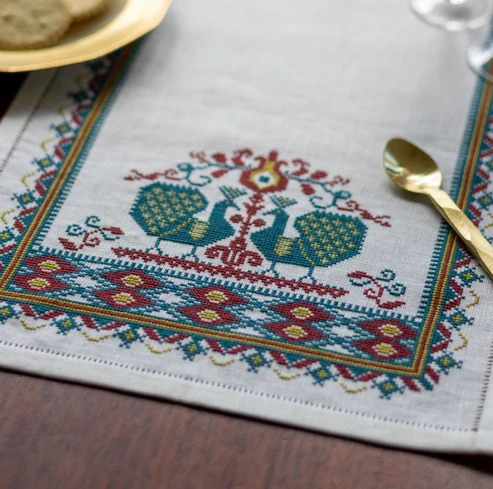 Vlachernai Peacocks - Cross Stitch Kit, different perspective #1, zoomed in. Select this picture to zoom back out.