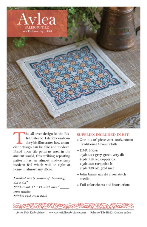 BitKit Salerno Tile - Cross Stitch Pattern, different perspective #2, zoomed in. Select this picture to zoom back out.