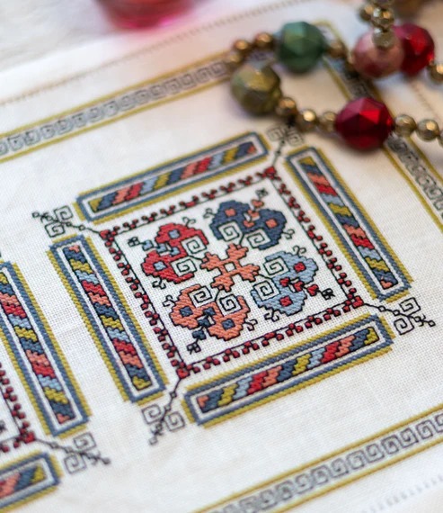 Kalamata Courtyard Table Runner - Cross Stitch Pattern, different perspective #1, zoomed in. Select this picture to zoom back out.