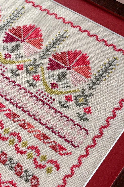 Kefalonia Carnations - Cross Stitch Pattern, different perspective #1, zoomed in. Select this picture to zoom back out.