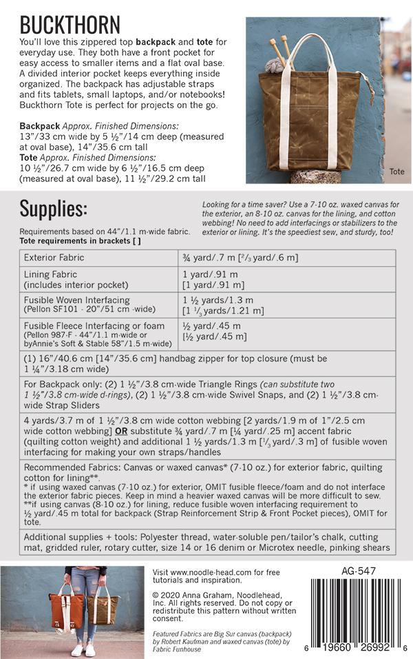 Buckthorn Backpack and Tote - Sewing Pattern
