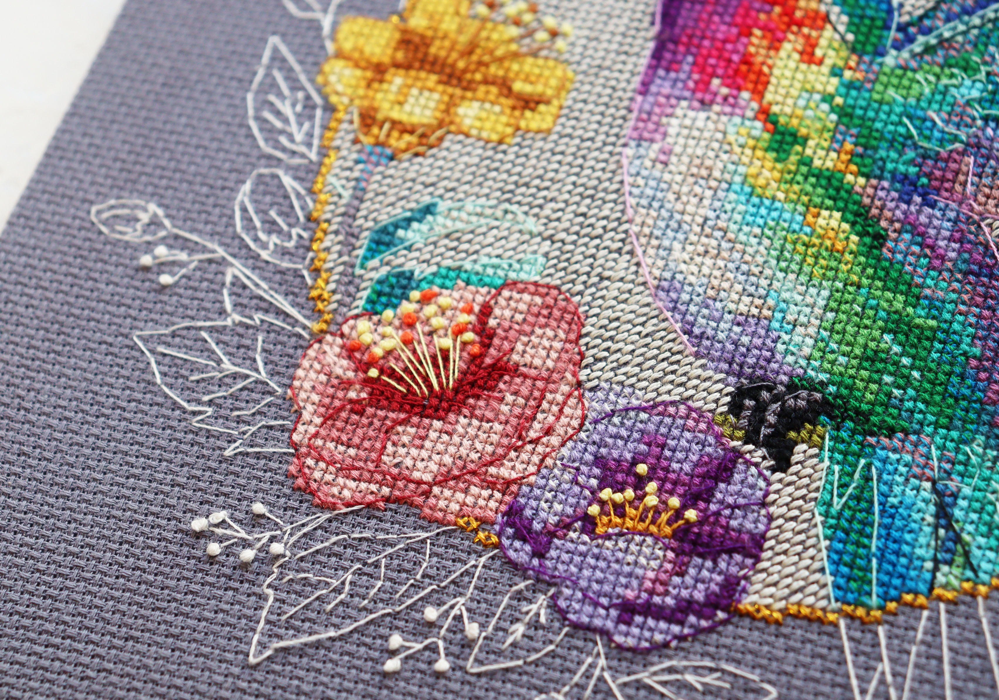 Bird of Paradise - Cross Stitch Kit, different perspective #1, zoomed in. Select this picture to zoom back out.