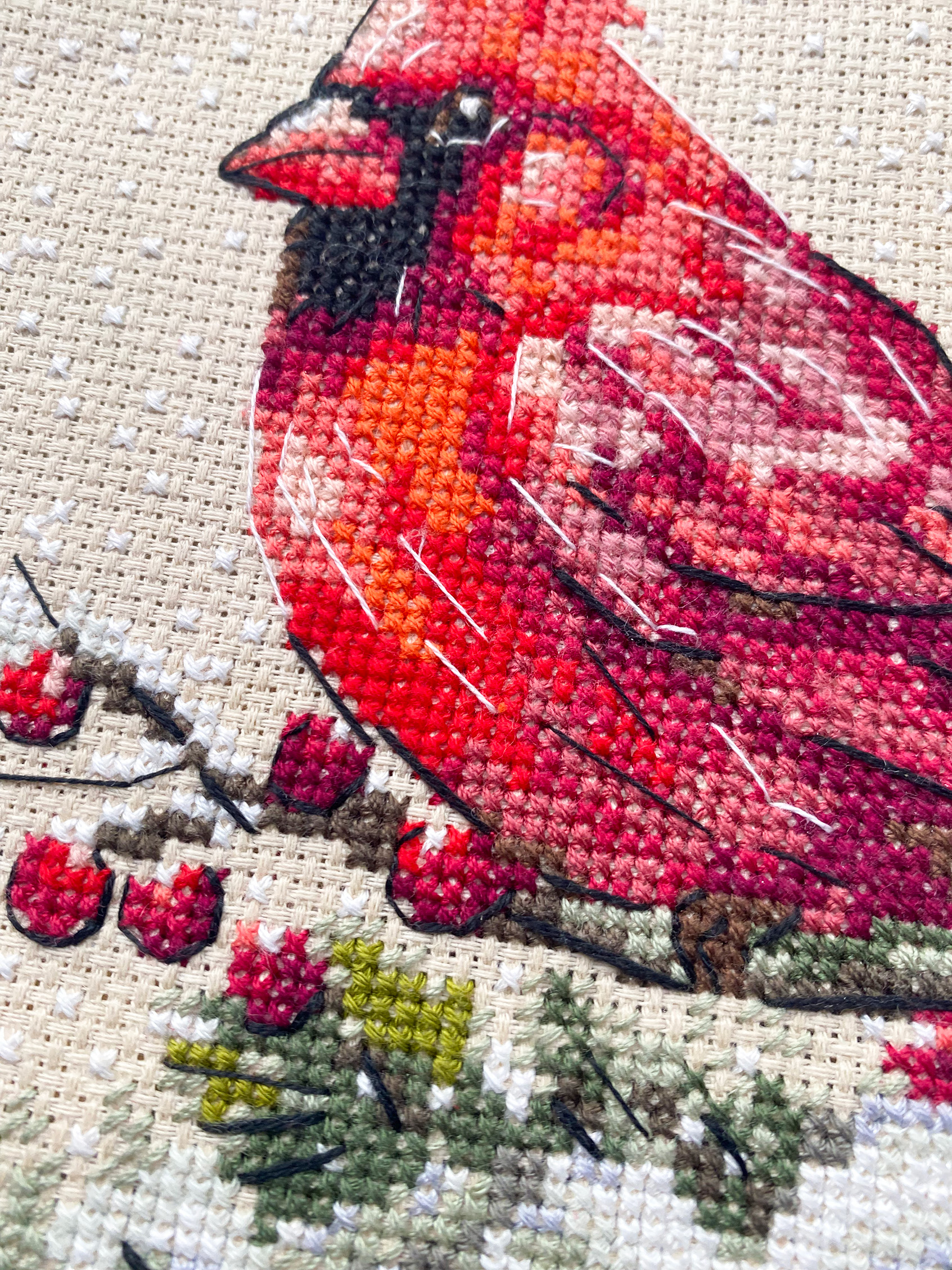 Winter Cardinal - Cross Stitch Kit, different perspective #1, zoomed in. Select this picture to zoom back out.