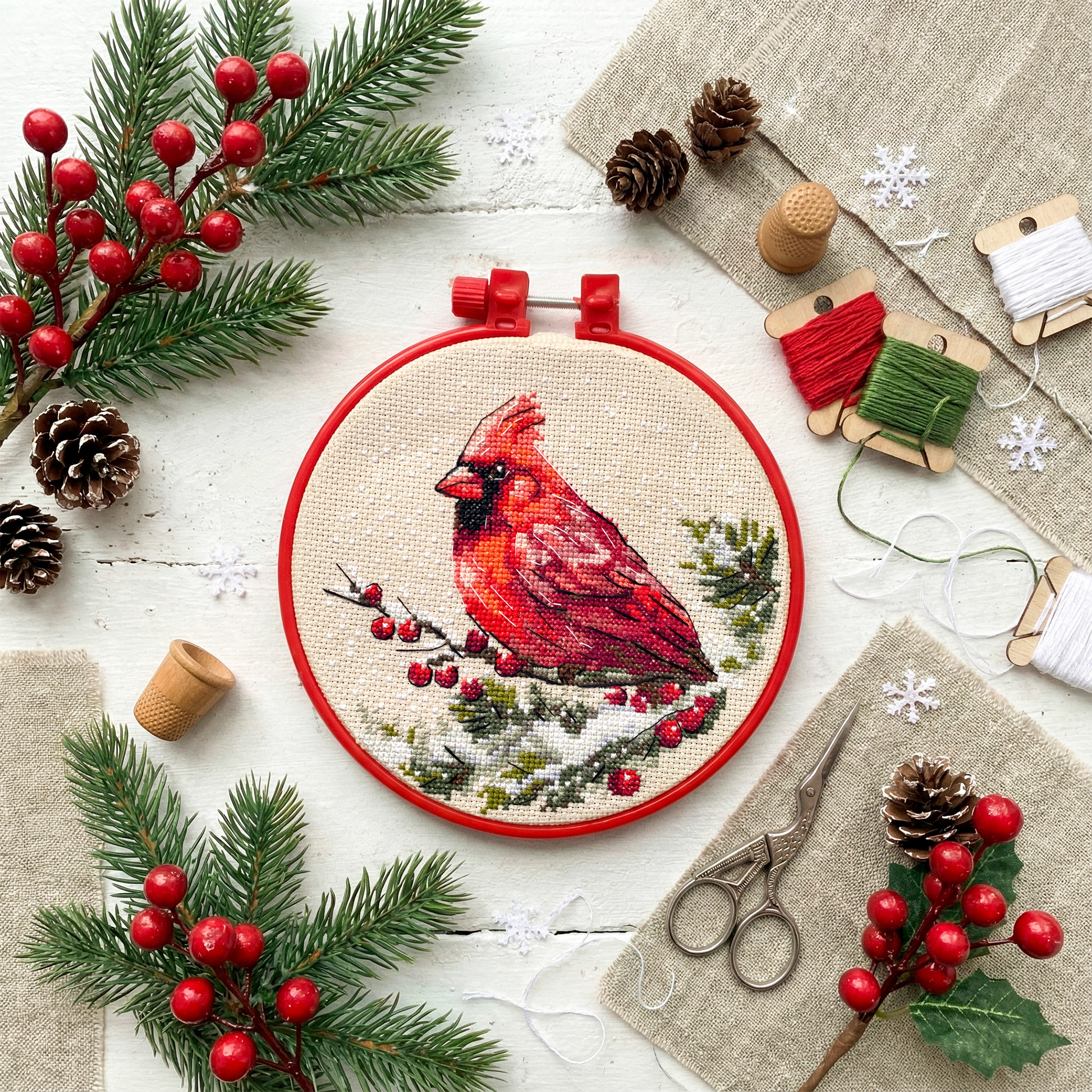 Winter Cardinal - Cross Stitch Kit, zoomed in. Select this picture to zoom back out.