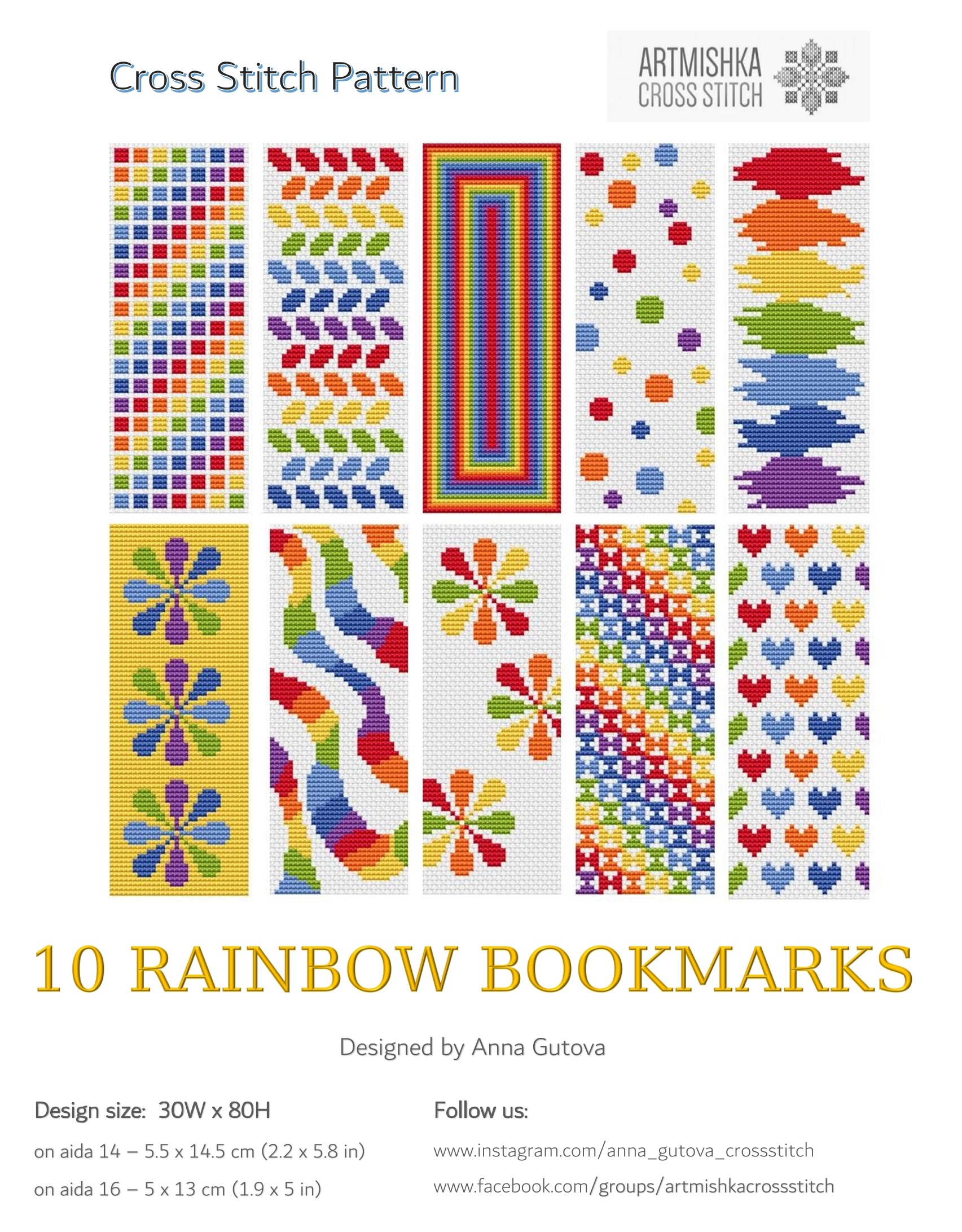 10 Rainbow Bookmarks - PDF Cross Stitch Pattern