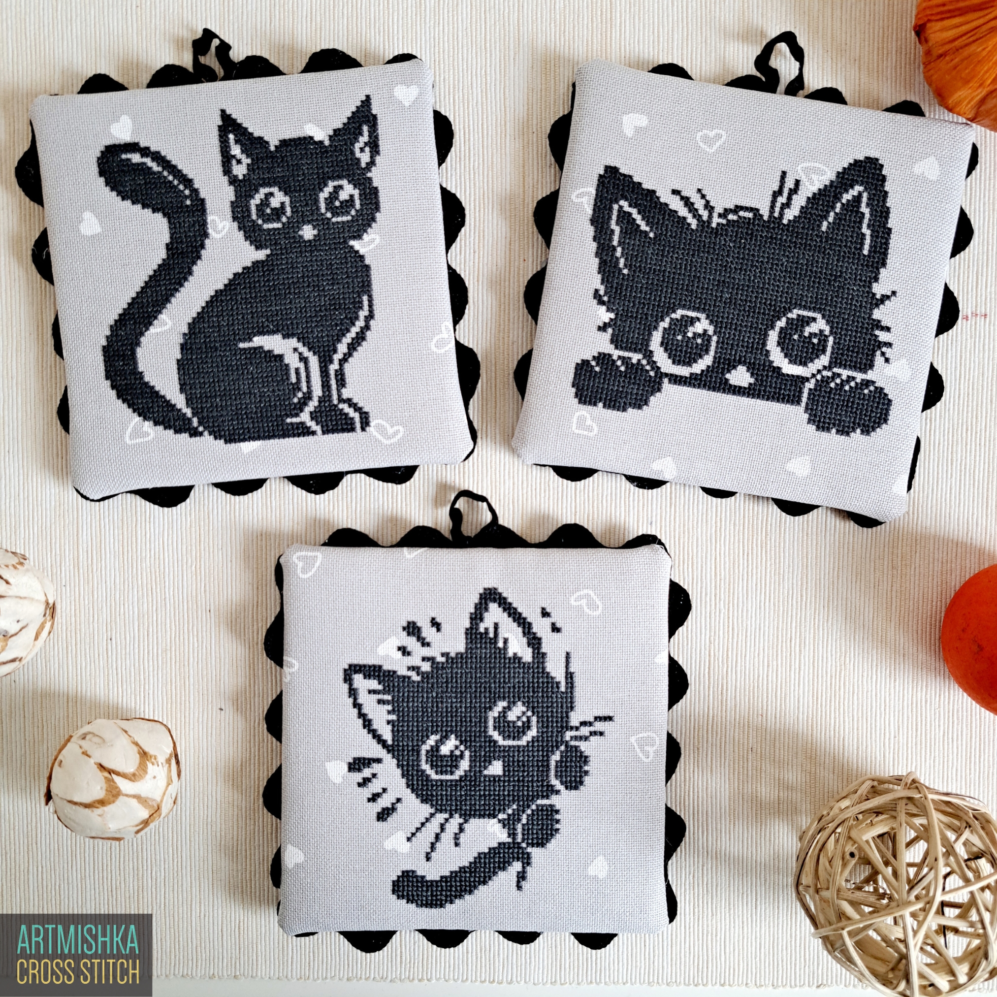 Black Cat Ornaments - Halloween PDF Cross Stitch Pattern