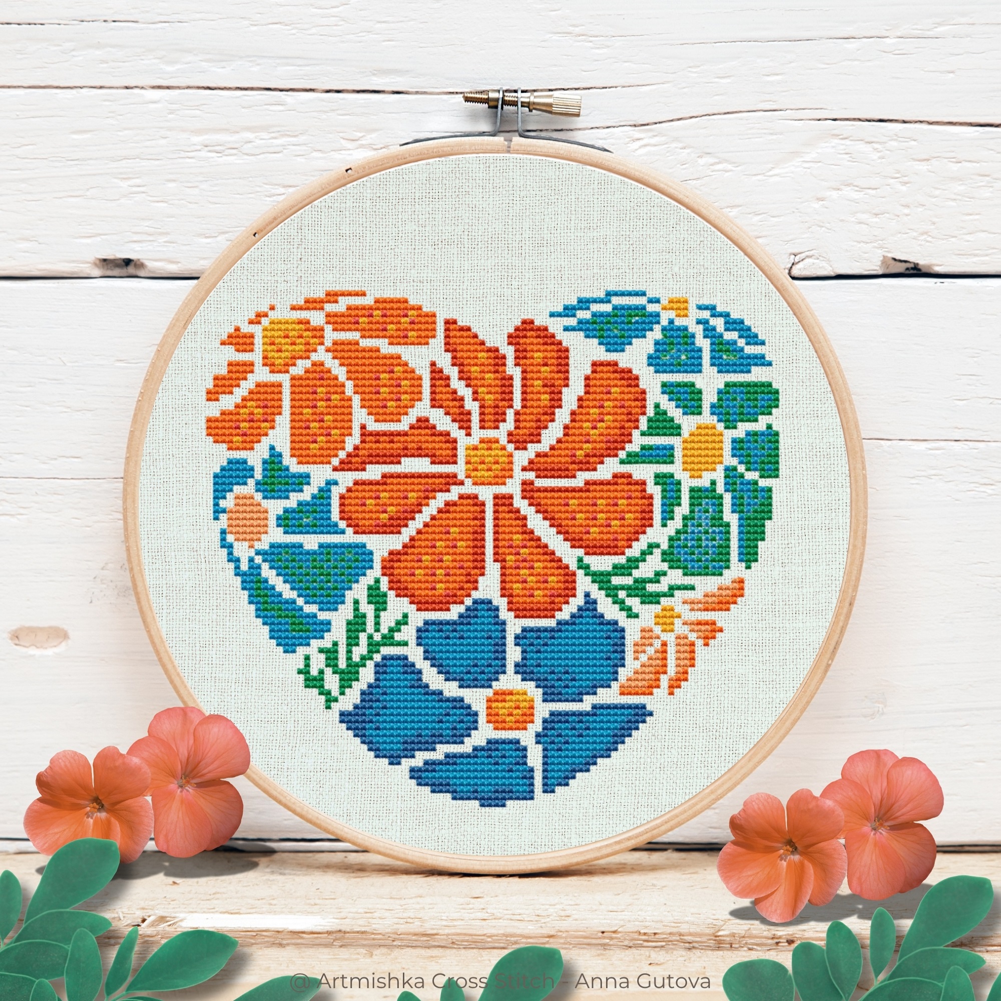 Boho Floral Heart - PDF Cross Stitch Pattern