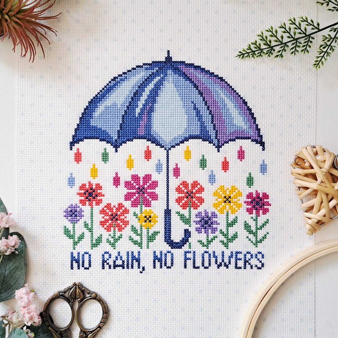 No Rain, No Flowers - Cross Stitch Pattern, zoomed in. Select this picture to zoom back out.