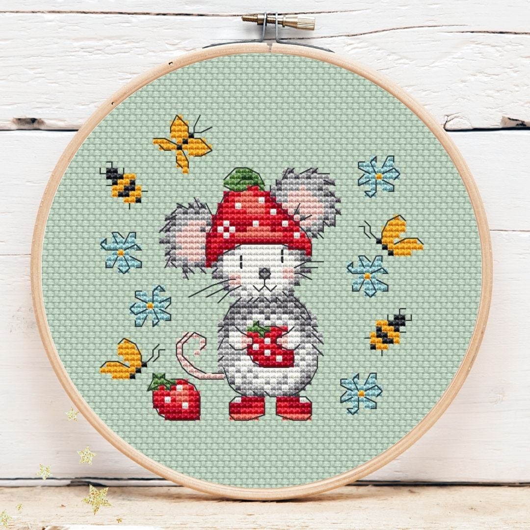 Strawberry Mouse Mini #3 - Cross Stitch Pattern, zoomed in. Select this picture to zoom back out.