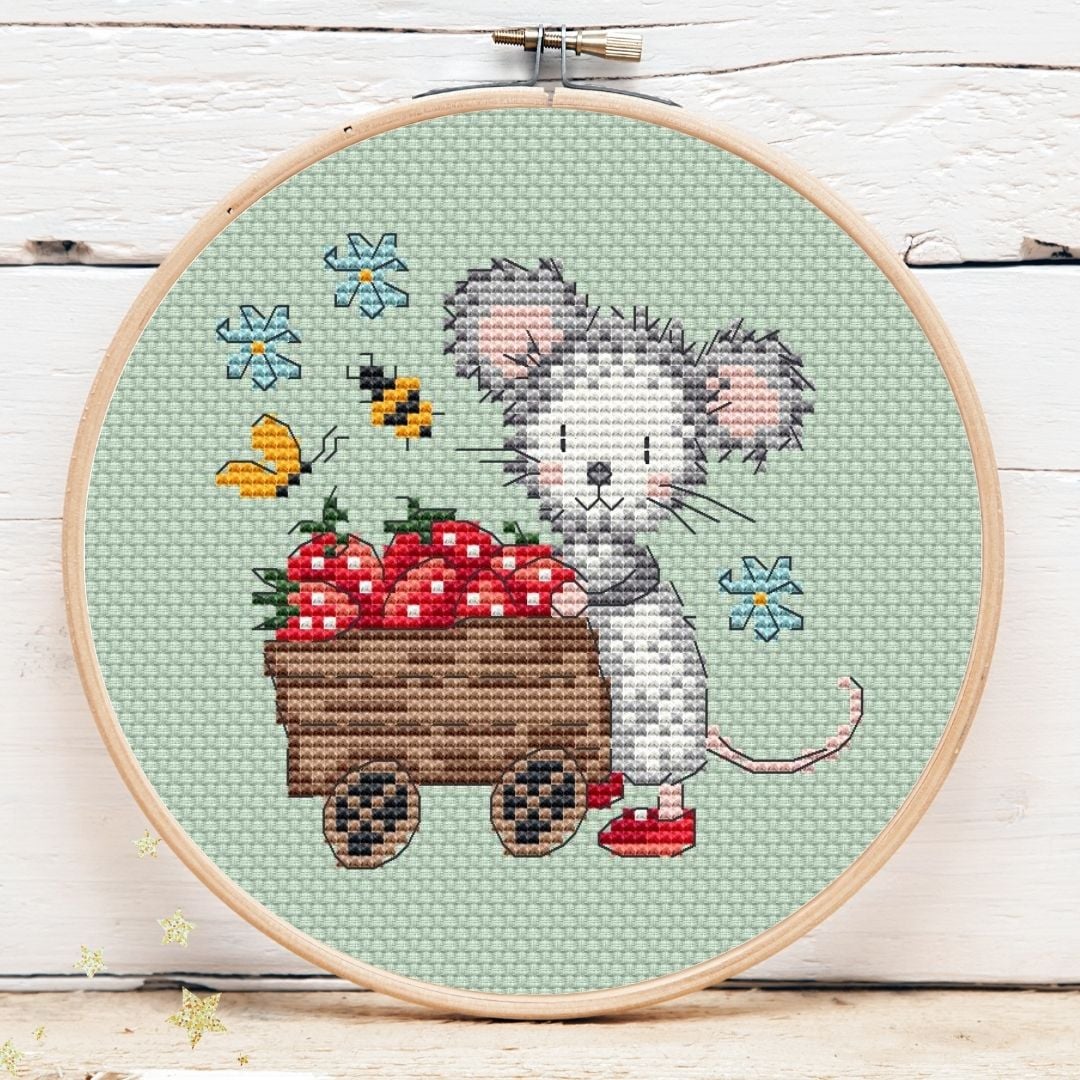 Strawberry Mouse Mini #4 - Cross Stitch Pattern, zoomed in. Select this picture to zoom back out.