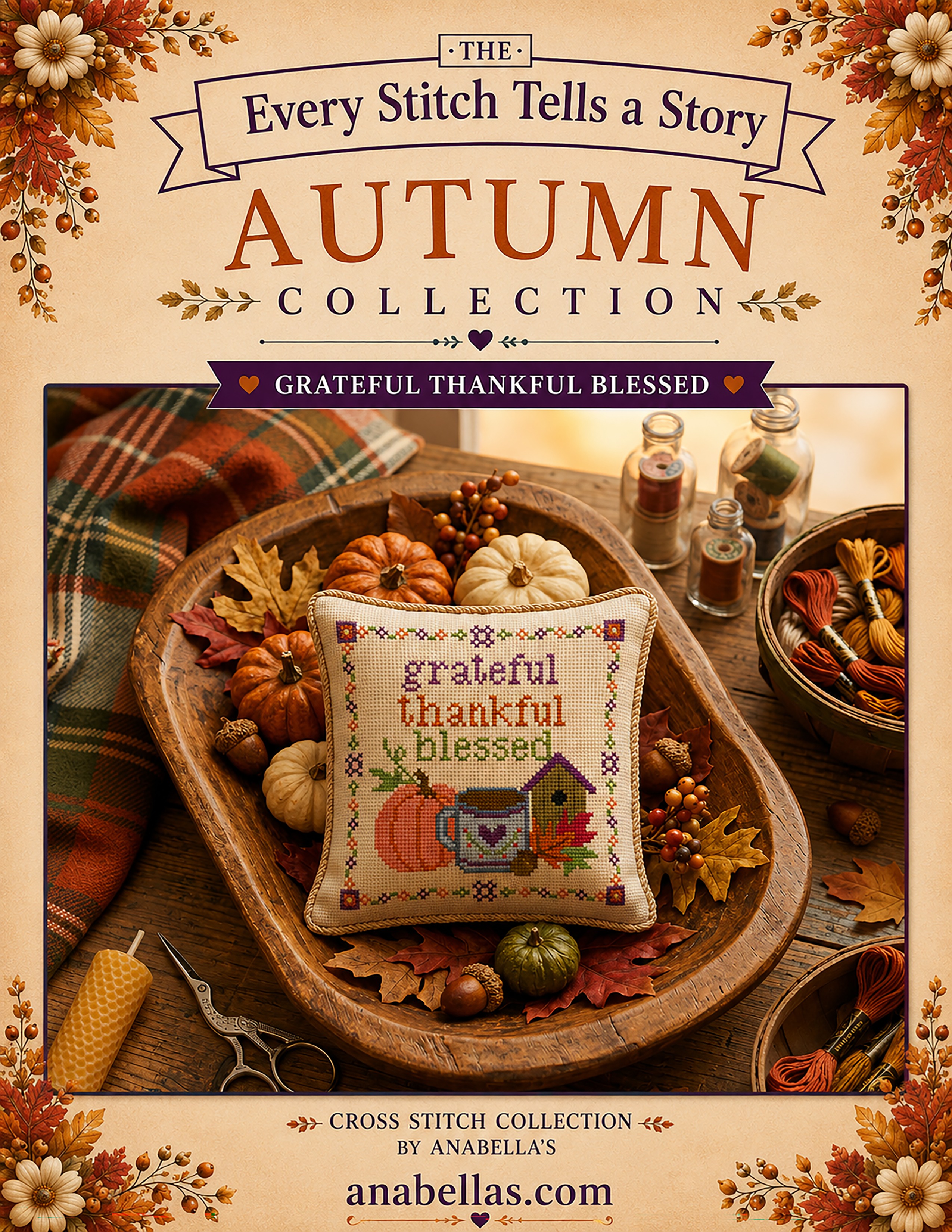 Story Collection: Grateful Thankful Blessed - Cross Stitch, zoomed in. Select this picture to zoom back out.