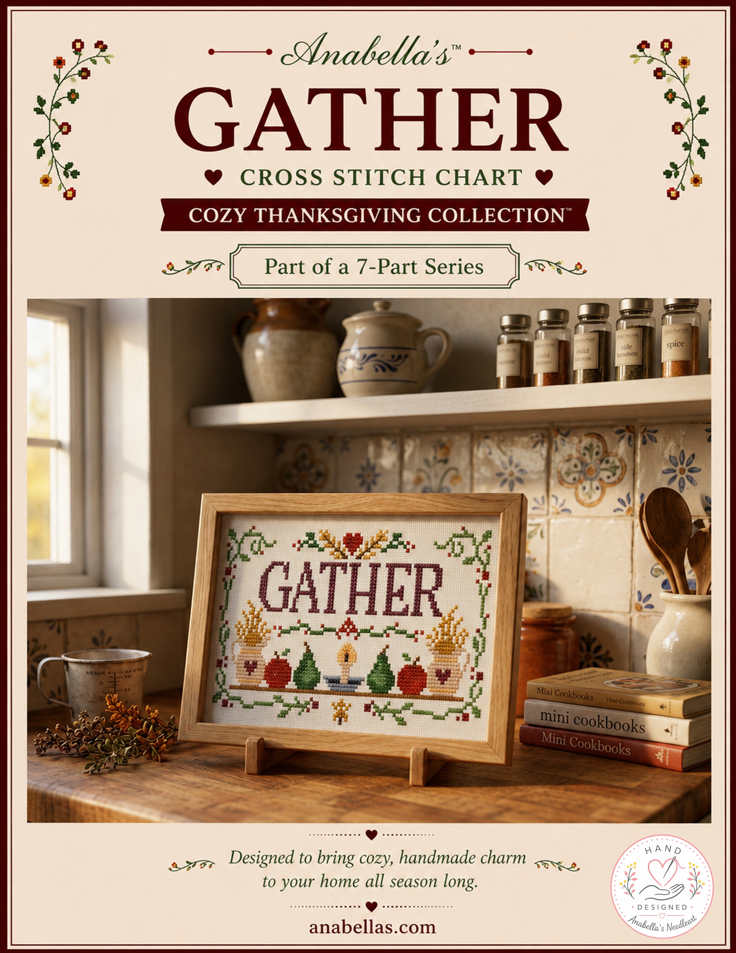 Cozy Thanksgiving: Gather - Cross Stitch Pattern, zoomed in. Select this picture to zoom back out.