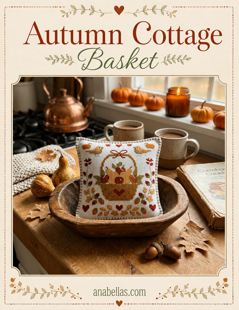 Autumn Cottage Basket - Cross Stitch Pattern, zoomed in. Select this picture to zoom back out.