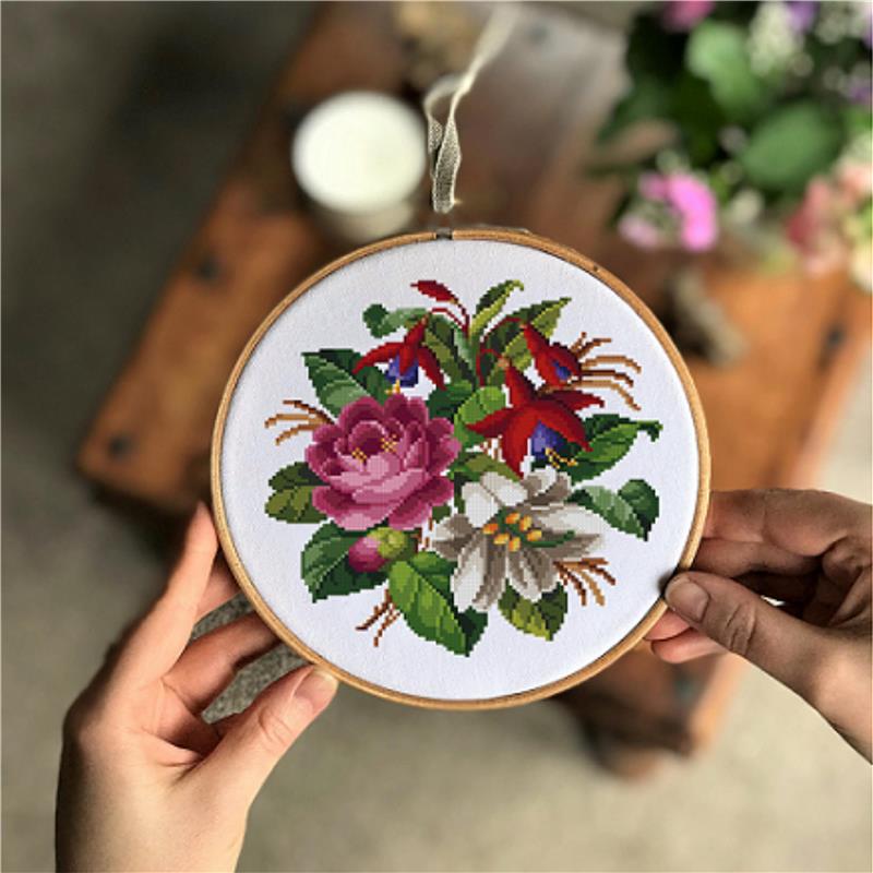 Lily Fuchsia and Rose Bouquet - Cross Stitch Pattern