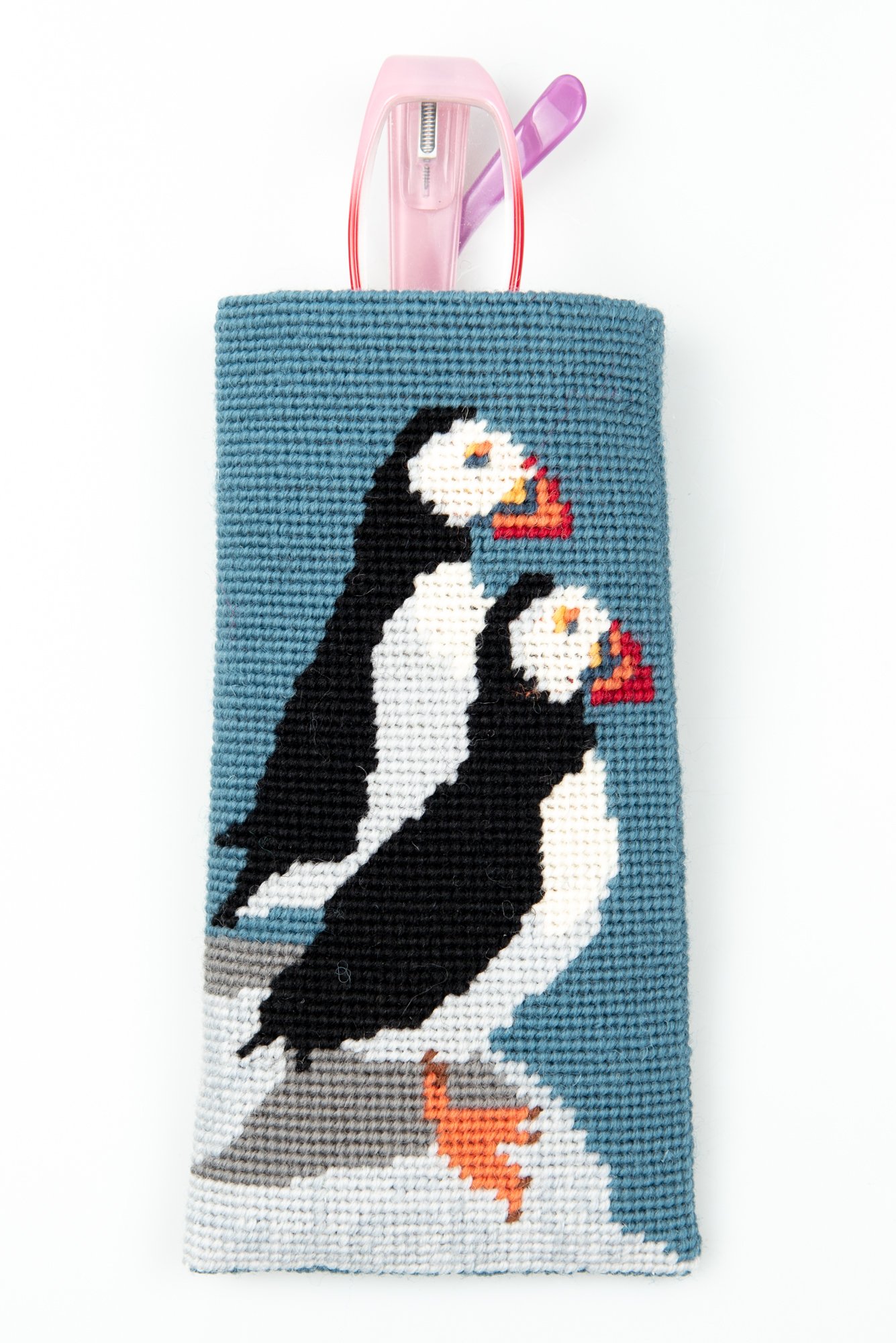 Puffins Glasses Case - Needlepoint / Tapestry Kits, zoomed in. Select this picture to zoom back out.