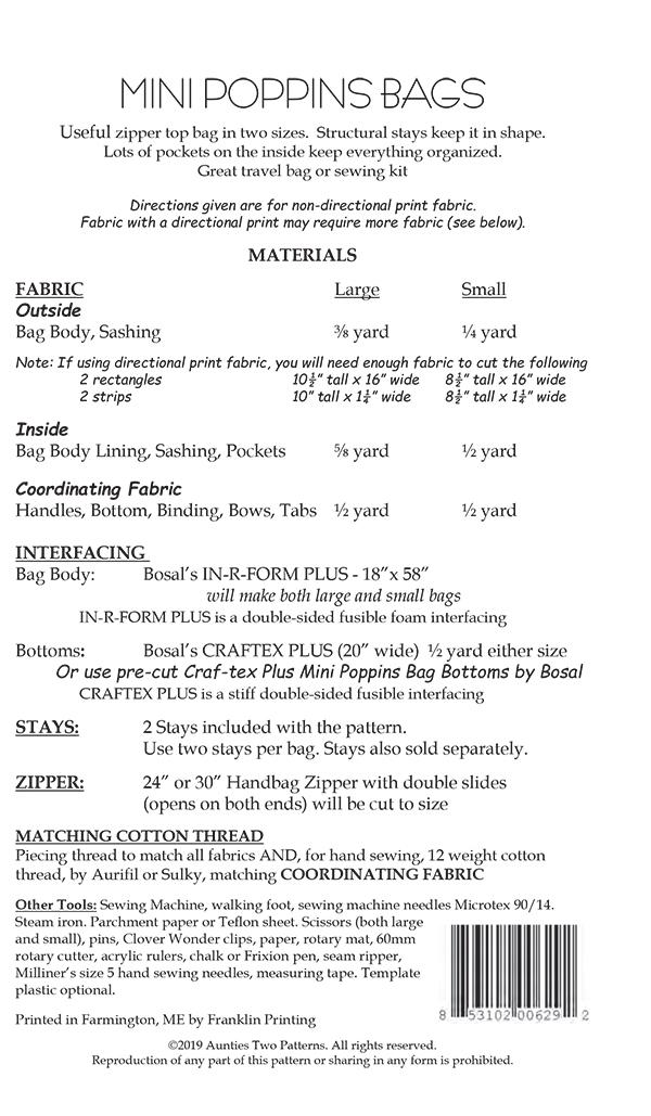 Mini Poppins Bag with 2 Stays - Quilt Pattern