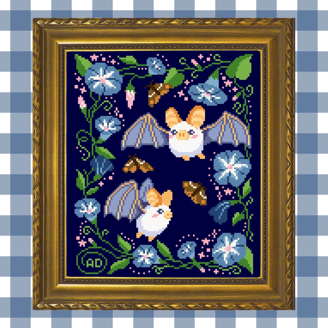 Ghost Bat Sampler - Cross Stitch Pattern, different perspective #1, zoomed in. Select this picture to zoom back out.