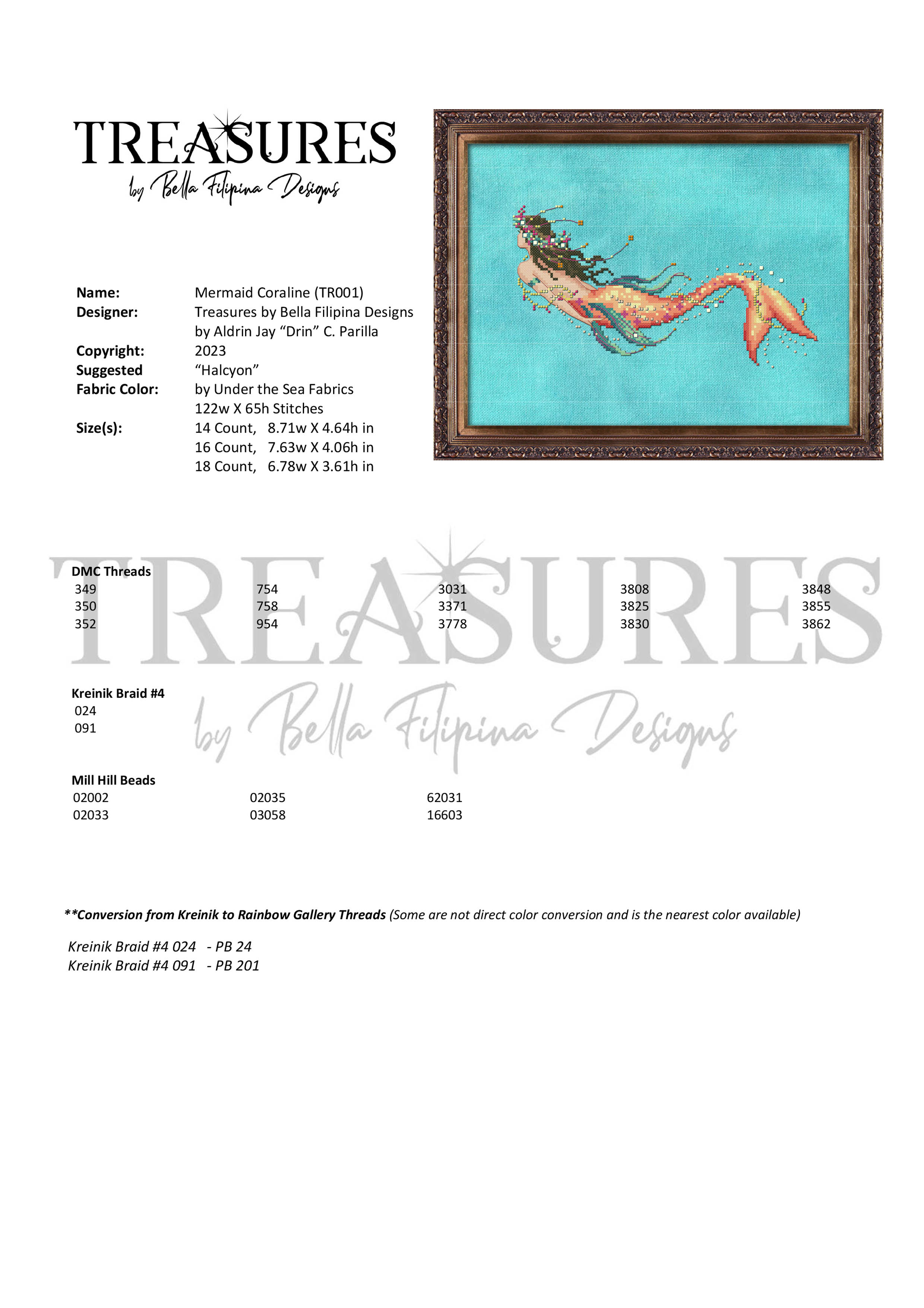 Treasures: Mermaid Coraline - Cross Stitch Pattern, different perspective #1, zoomed in. Select this picture to zoom back out.