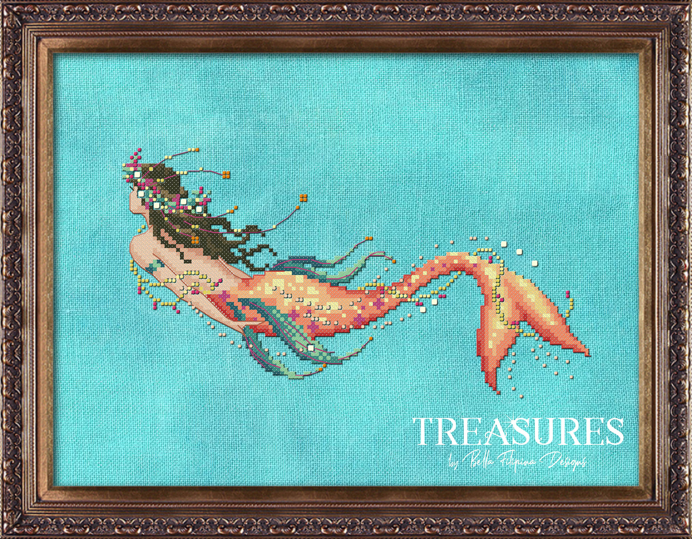 Treasures: Mermaid Coraline - Cross Stitch Pattern, zoomed in. Select this picture to zoom back out.