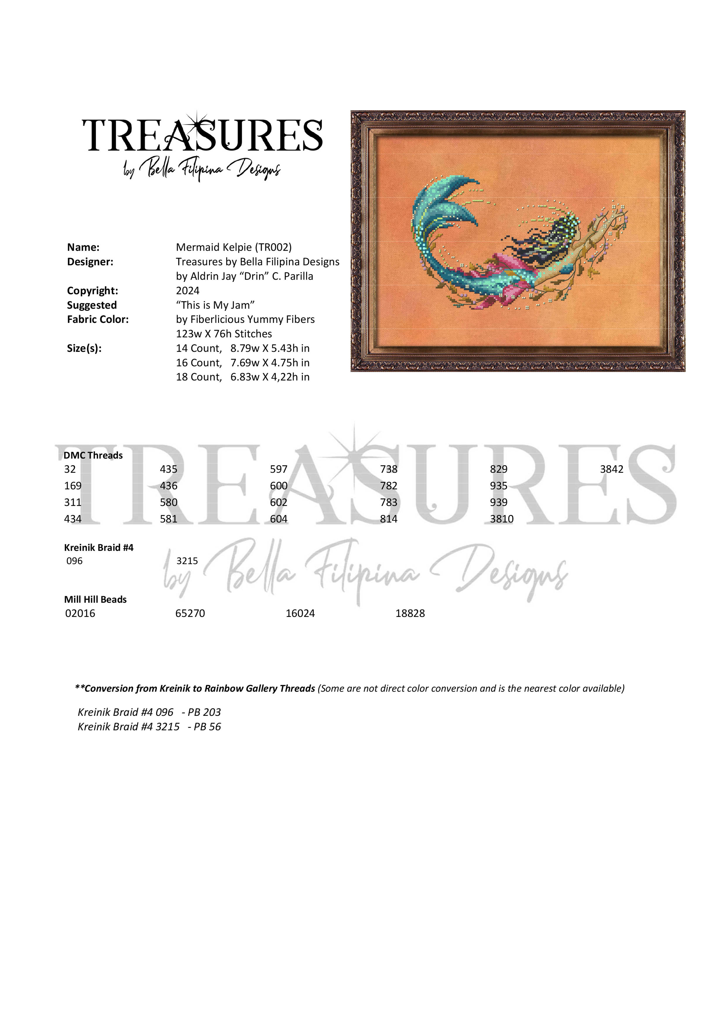 Treasures: Mermaid Kelpie - Cross Stitch Pattern, different perspective #1, zoomed in. Select this picture to zoom back out.