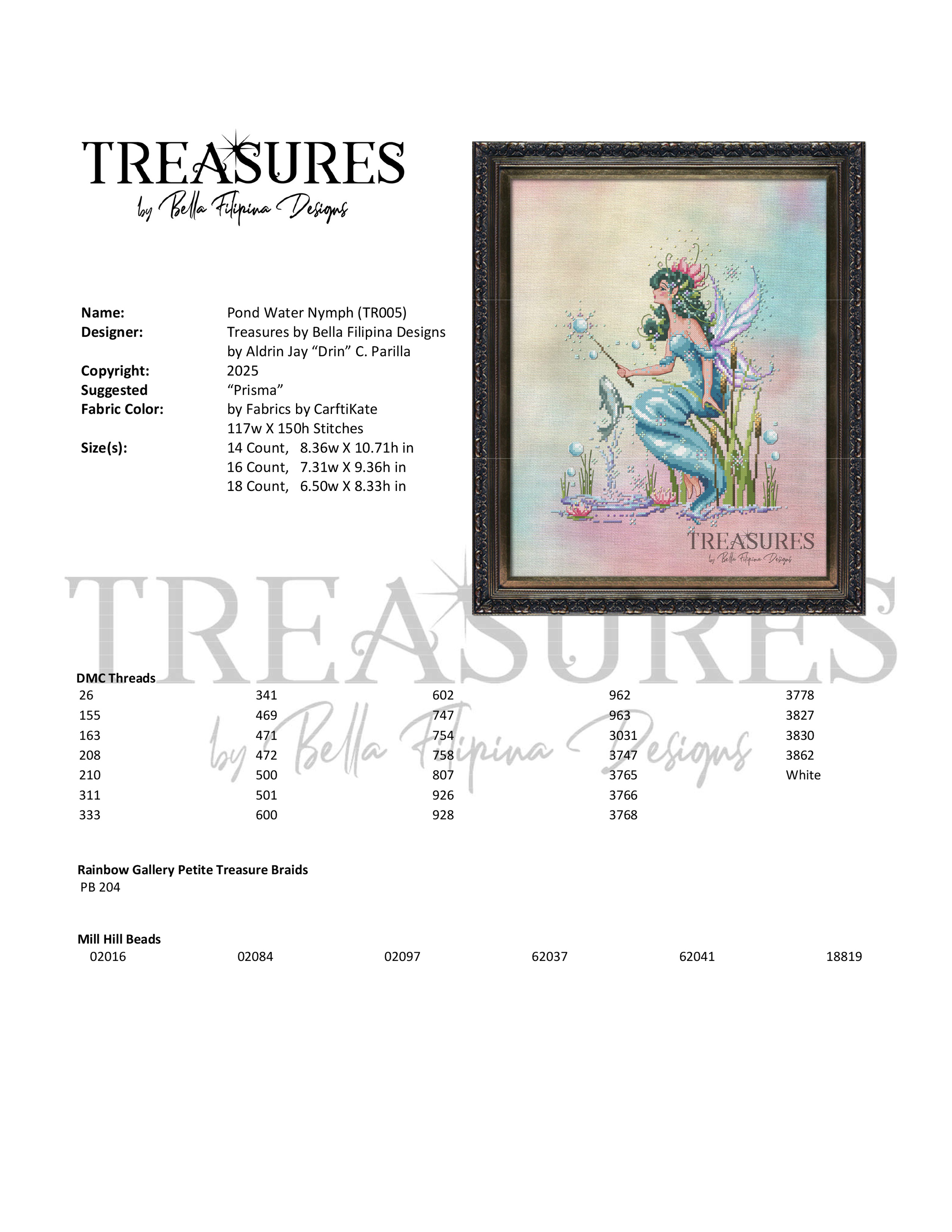 Treasures: Pond Water Nymph - Cross Stitch Pattern, different perspective #1, zoomed in. Select this picture to zoom back out.