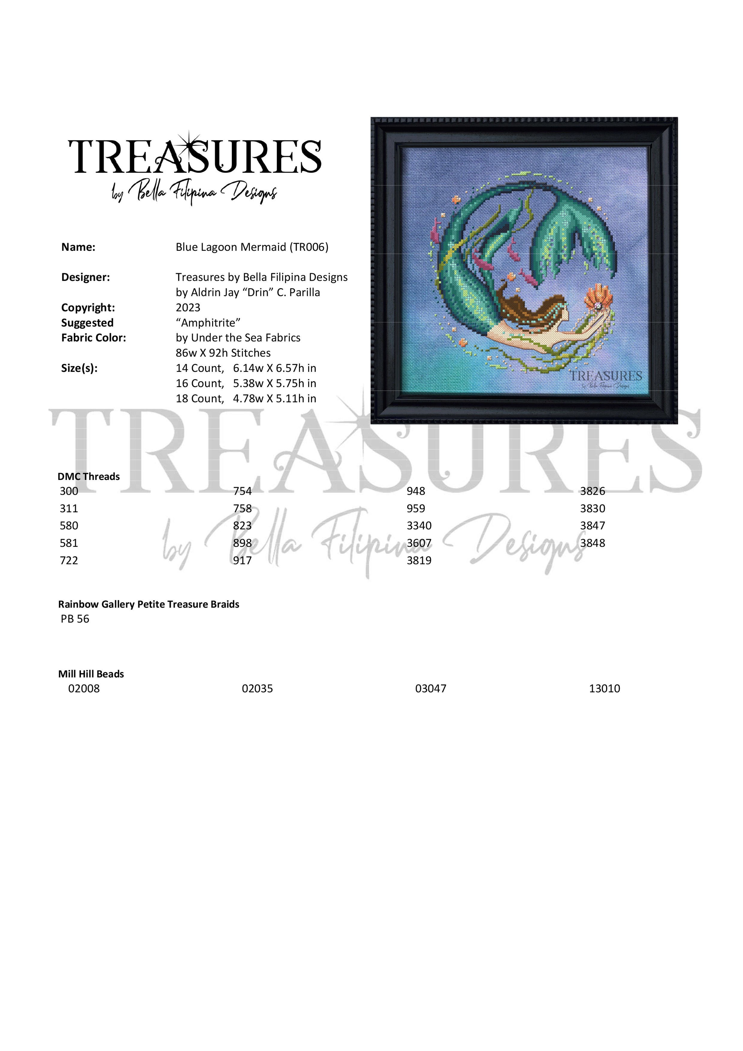 Treasures: Blue Lagoon Mermaid - Cross Stitch Pattern, different perspective #1, zoomed in. Select this picture to zoom back out.