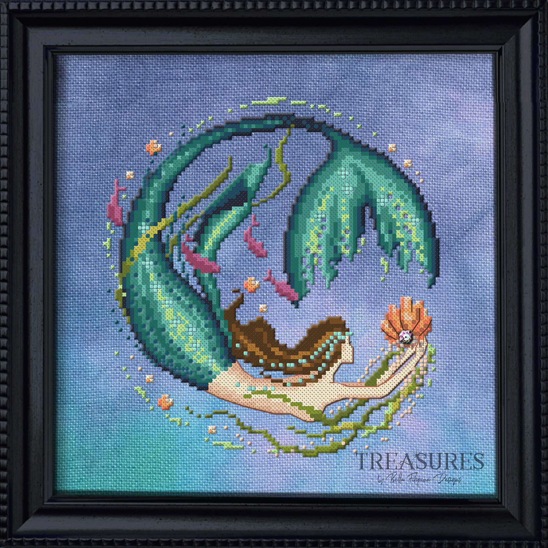 Treasures: Blue Lagoon Mermaid - Cross Stitch Pattern, zoomed in. Select this picture to zoom back out.