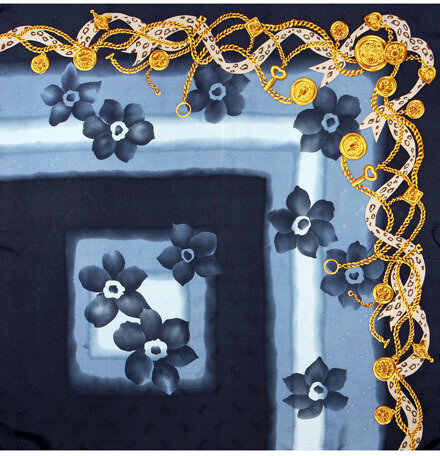 Floral and Chain Print Twill Silk Scarf - Navy