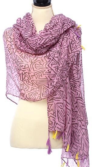 Pink and Purple Abstract Printed Scarf With Tassel