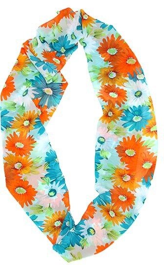 Orange Blue Italian Chiffon Flower Printed Infinity Scarf