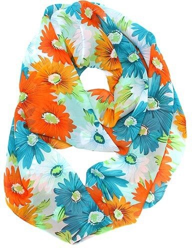 Orange Blue Italian Chiffon Flower Printed Infinity Scarf