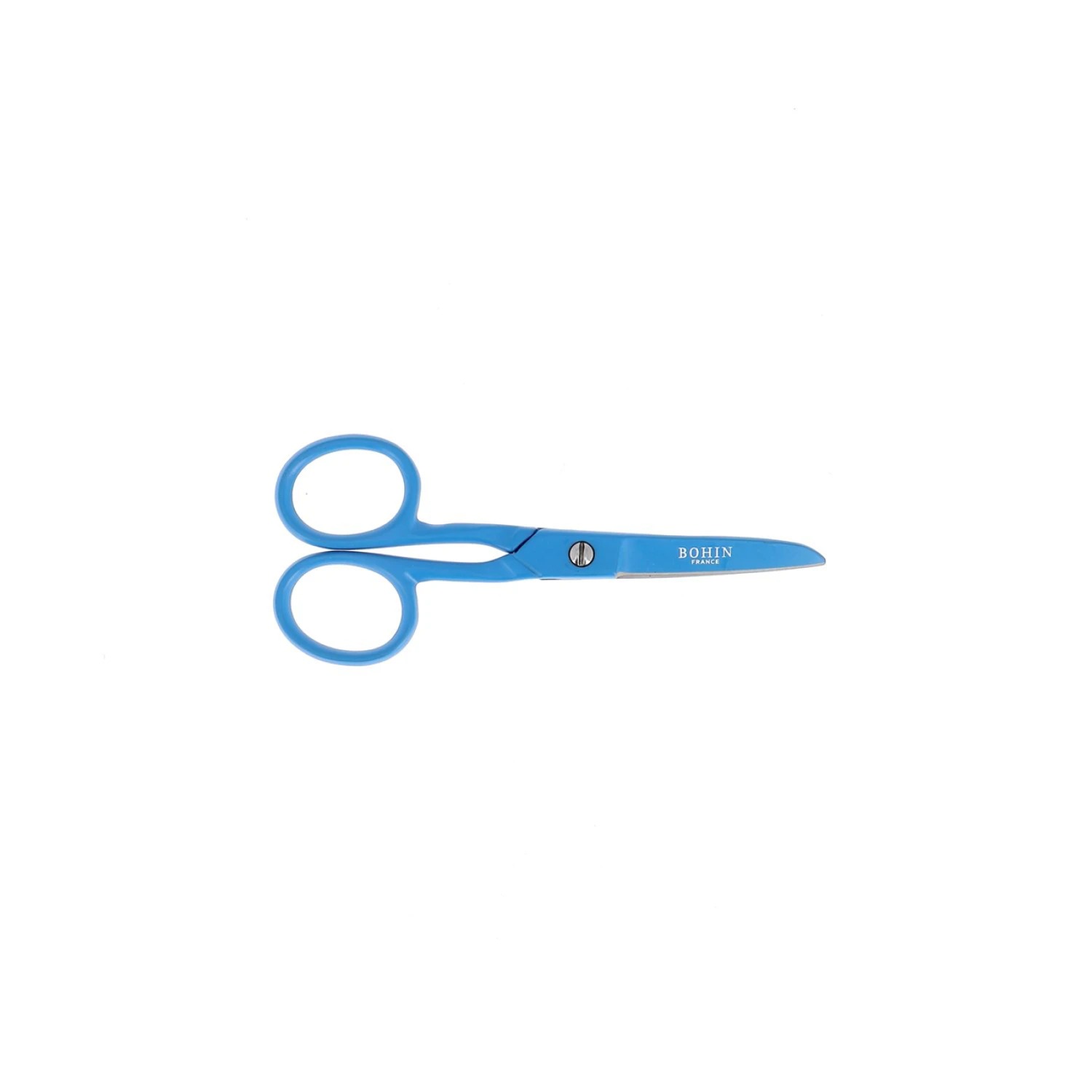 Bohin Flat Blade Scissors - 4.5" Blue, zoomed in. Select this picture to zoom back out.
