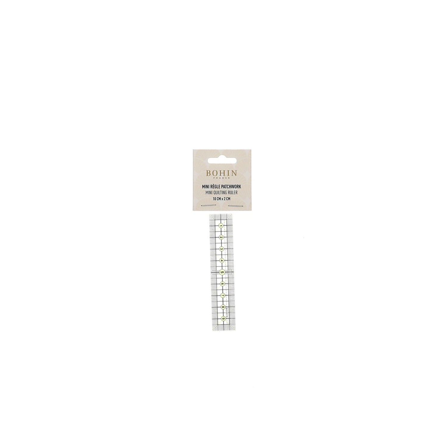 Bohin Mini Quilting Ruler 10cm x 20cm, zoomed in. Select this picture to zoom back out.