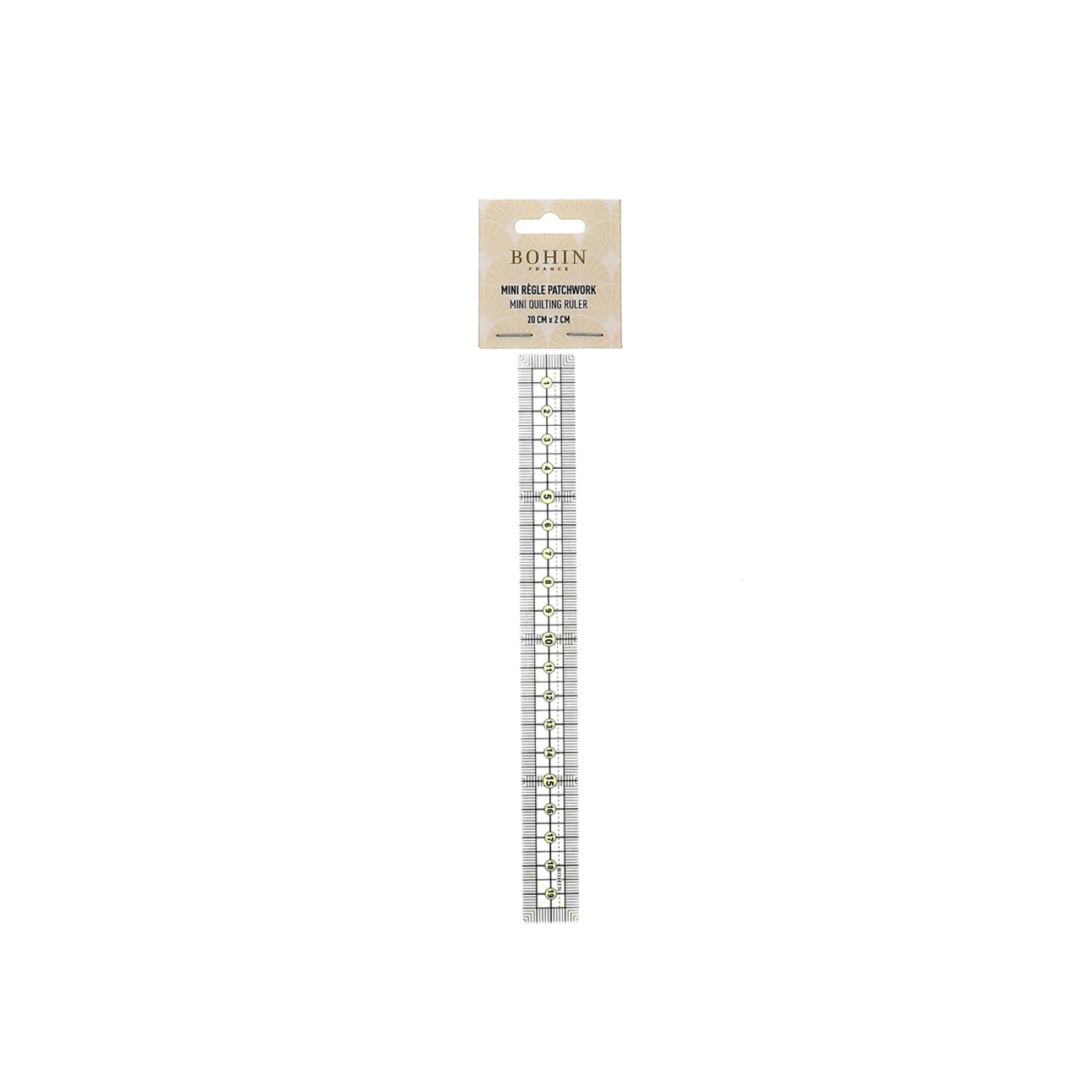 Bohin Mini Quilting Ruler 2cm x 20cm, zoomed in. Select this picture to zoom back out.