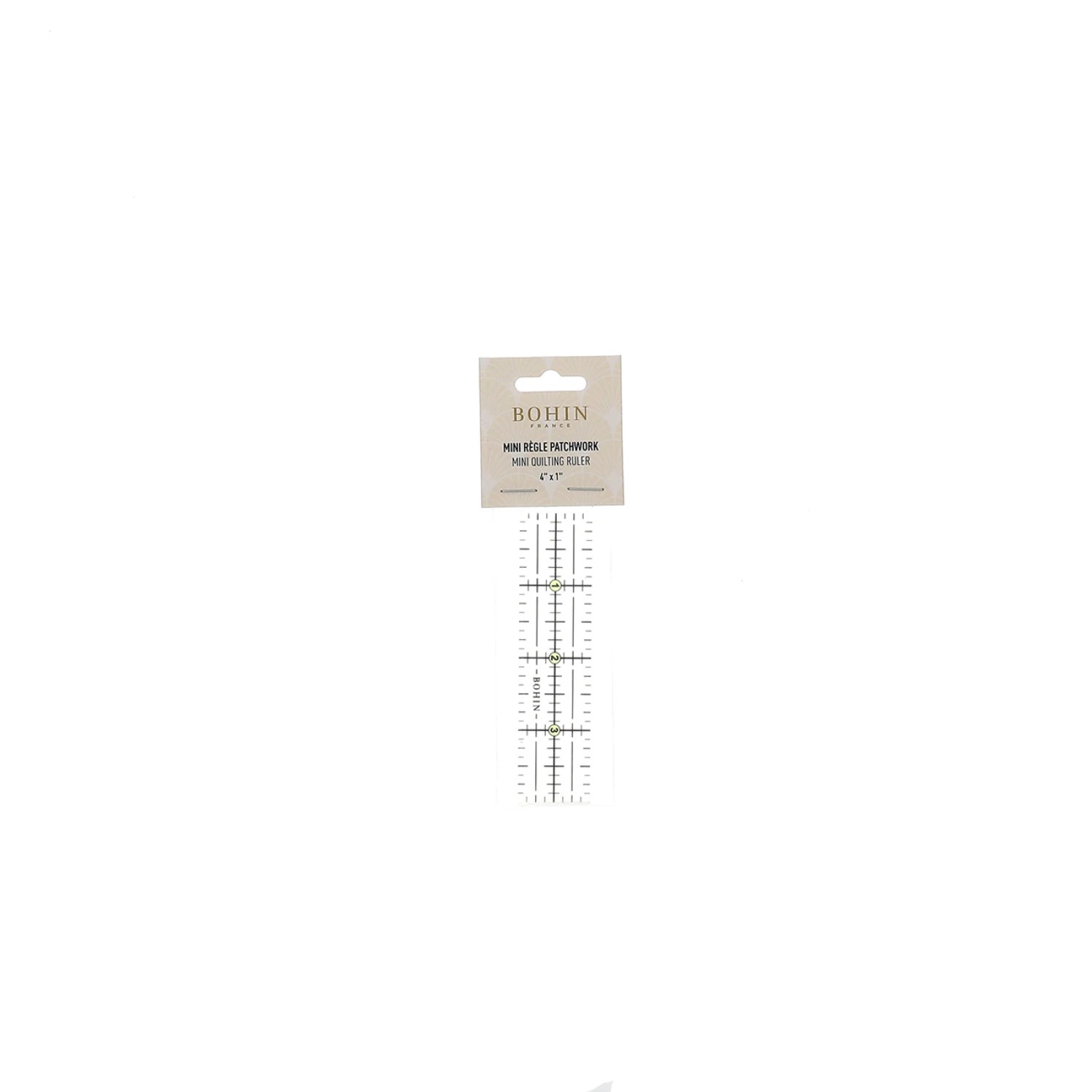 Bohin Mini Quilting Ruler 4" x 1", zoomed in. Select this picture to zoom back out.