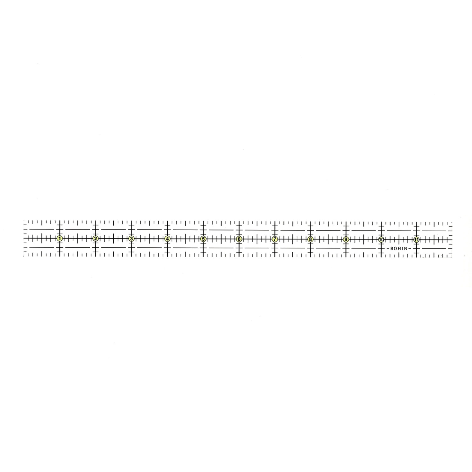 Bohin Mini Quilting Ruler 12" x 1", different perspective #1, zoomed in. Select this picture to zoom back out.