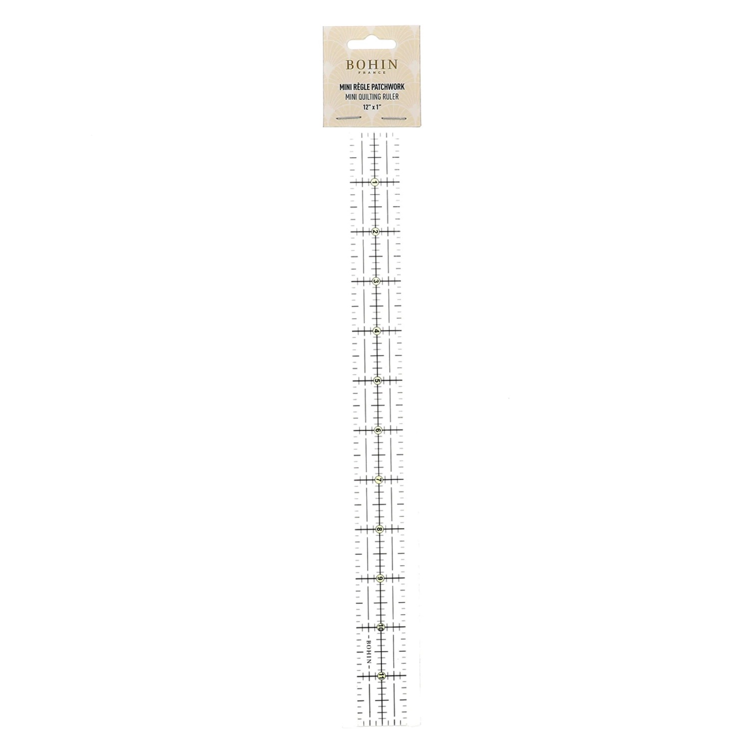Bohin Mini Quilting Ruler 12" x 1", zoomed in. Select this picture to zoom back out.